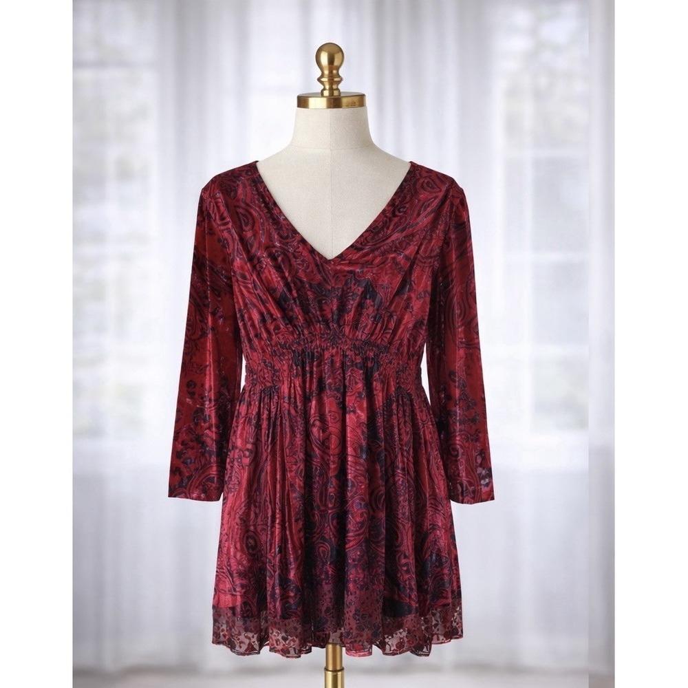 Energe Red Black Velvet Babydoll Top XL Lace Sequin Trim Vamp Whimsigoth Fairy